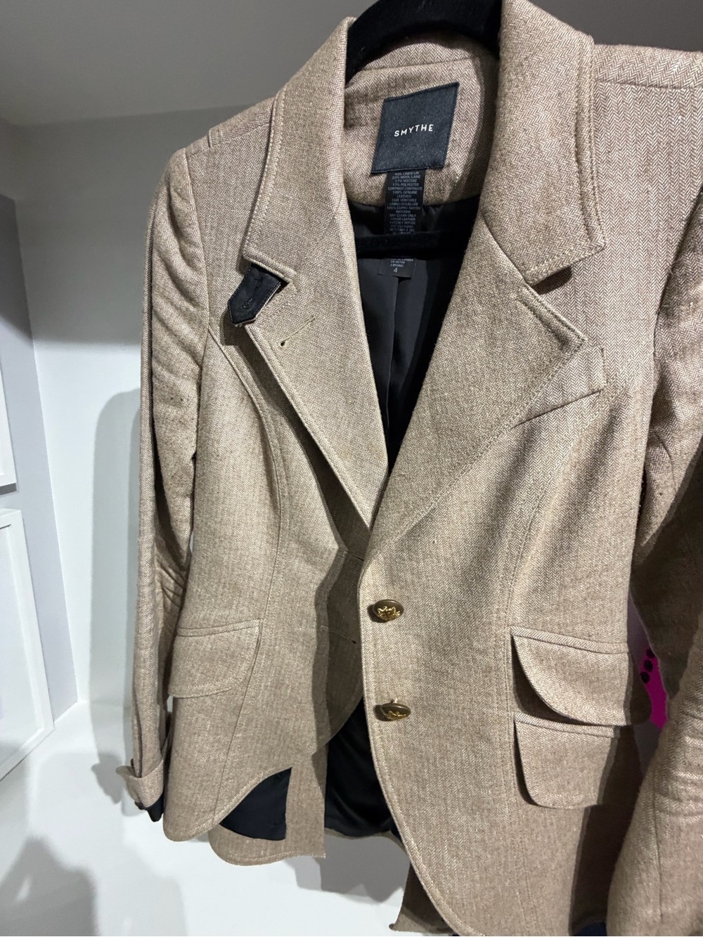 Smythe Beige/Tan Wool-Blend Pea Coat with Gold Buttons